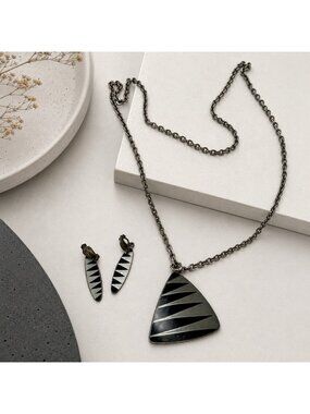 Jorgen Jensen Handmade Denmark Pewter Triangle Pendant Necklace Earrings Set 790
